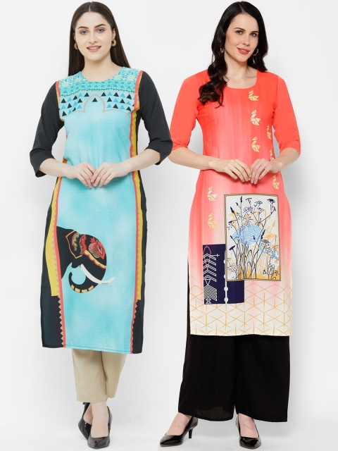 

7Threads Women Pack of 2 Blue & Orange Printed Straight Kurtas