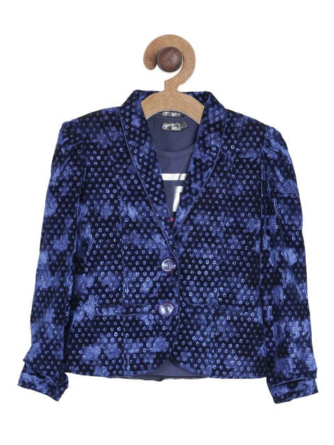 

Actuel Girls Navy Blue & White Printed Velvet Tuxedo Blazer With T-Shirt