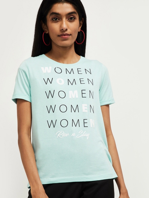 

max Women Blue Printed Round Neck Pure Cotton T-shirt