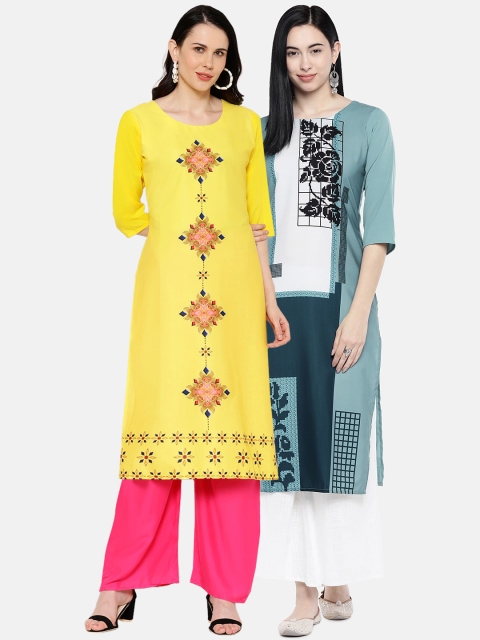 

7Threads Women Pack of 2 Yellow & Grey Printed A-Line Kurtas