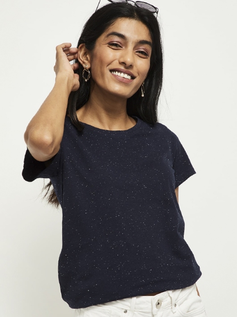 

max Women Navy Blue Printed Round Neck T-shirt