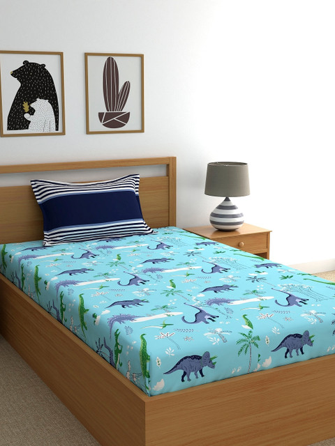 

Dreamscape Blue & Green Cartoon Characters 144 TC Cotton 1 Single Bedsheet with 1 Pillow Covers