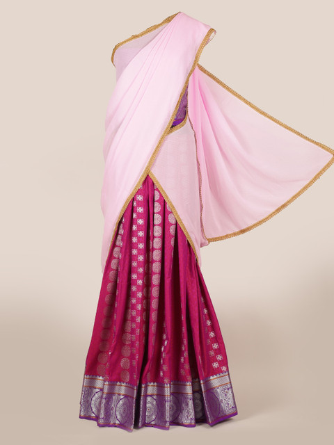 

Pothys Pink & Maroon Poly Chiffon Solid Lehenga Half Saree