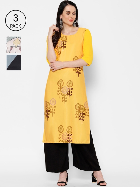 

7Threads Women Pack of 3 Yellow & Grey Printed Straight Kurtas