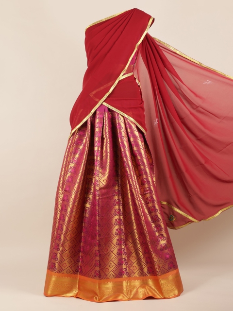 

Pothys Maroon & Gold-Toned Poly Chiffon Woven Design Half Saree