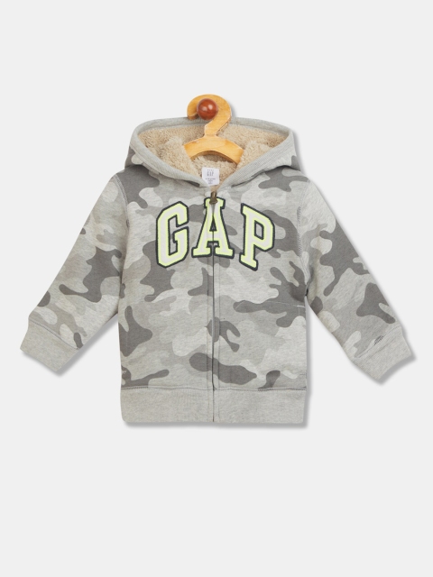 

GAP Boys Grey & White Brand Logo Printed Faux Fur Lined Hooded Sweatshirt