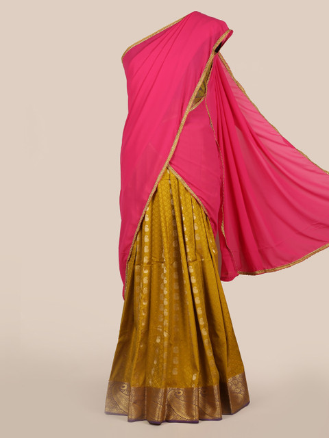

Pothys Pink & Yellow Poly Chiffon Striped Half Saree
