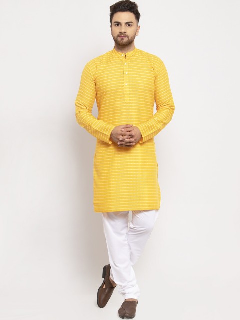

Jompers Men Yellow & White Striped Kurta with Pyjamas