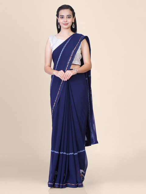

Hastakala Navy Blue & Red Pure Georgette Solid Banarasi Saree