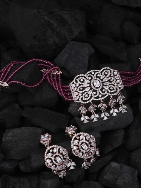 

Adwitiya Collection 24 CT Gold-Plated Pink & White CZ-Studded Beaded Handcrafted Jewellery Set