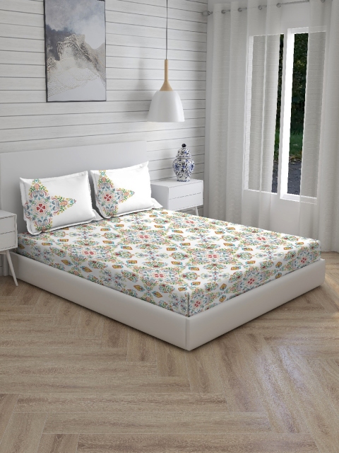

Boutique Living India White & Blue Floral 300 TC Cotton 1 Queen Bedsheet with 2 Pillow Covers