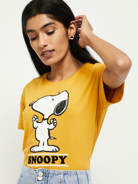

max Women Mustard Yellow & White Snoopy Print T-shirt