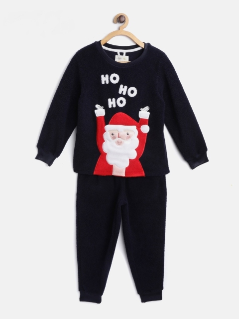 

Cherry Crumble Unisex Kids Navy Blue & White Self Design Night Suit