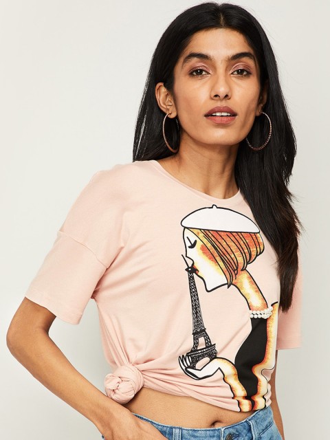 

Ginger by Lifestyle Women Pink & Beige Printed Round Neck T-shirt