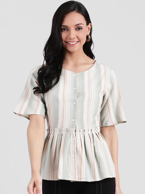 

Zink London Off White Striped Pure Cotton Peplum Top