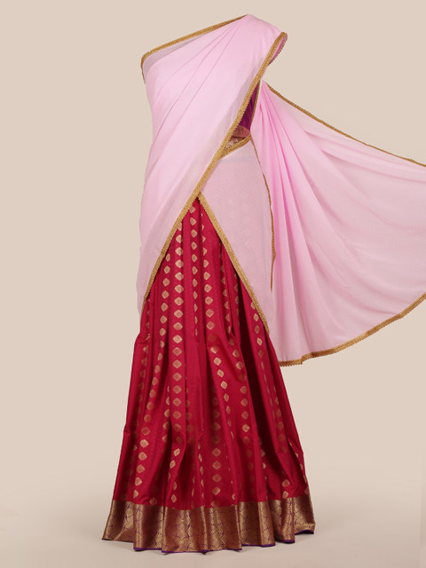 

Pothys Pink Woven Design Poly Chiffon Lehenga Half Saree