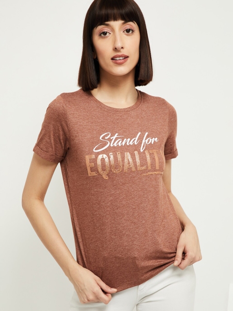 

max Women Taupe Printed Round Neck Pure Cotton T-shirt