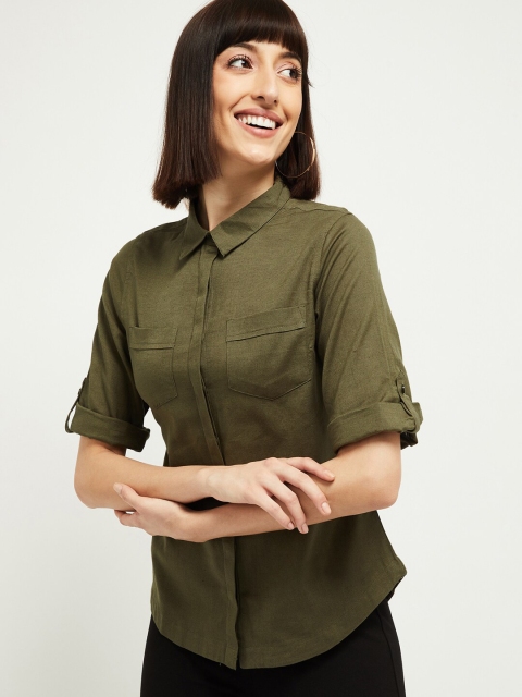 

max Women Green Regular Fit Solid Casual Shirt