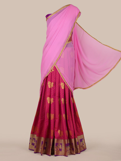 

Pothys Pink & Red Poly Chiffon Woven Design Half Saree