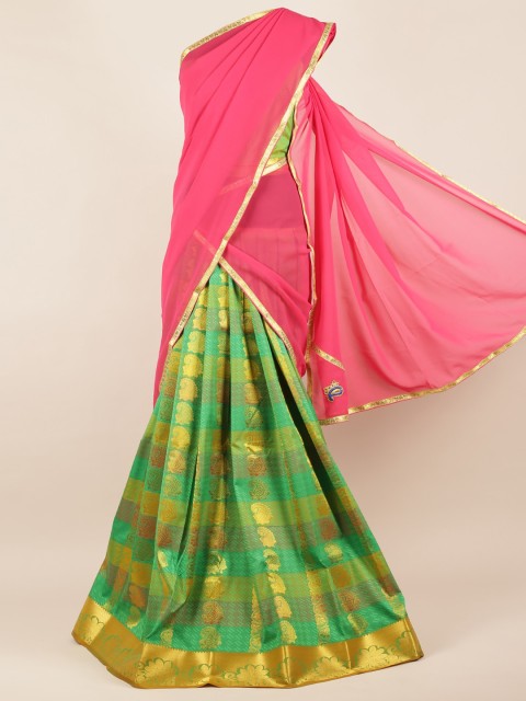 

Pothys Pink & Green Poly Chiffon Woven Design Lehenga Half Saree