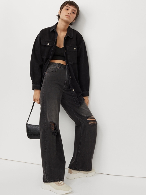 

H&M Women Black Oversized Shirt Jacket