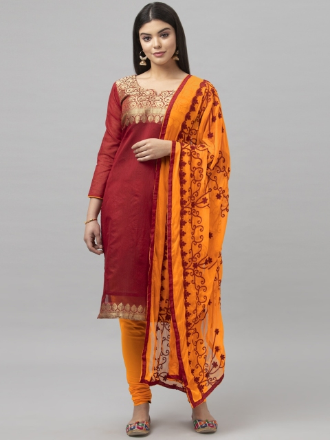 

Satrani Red & Orange Cotton Blend Jacquard Unstitched Dress Material