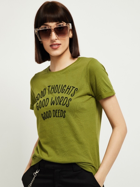 

max Women Green Printed Round Neck T-shirt
