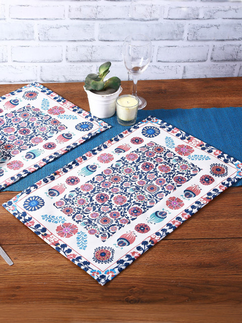 

ROMEE Set Of 6 Cream Coloured & Navy Blue Floral Printed Rectangular Table Placements