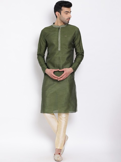 

DEVOILER Olive Green Solid Thread Work Kurta