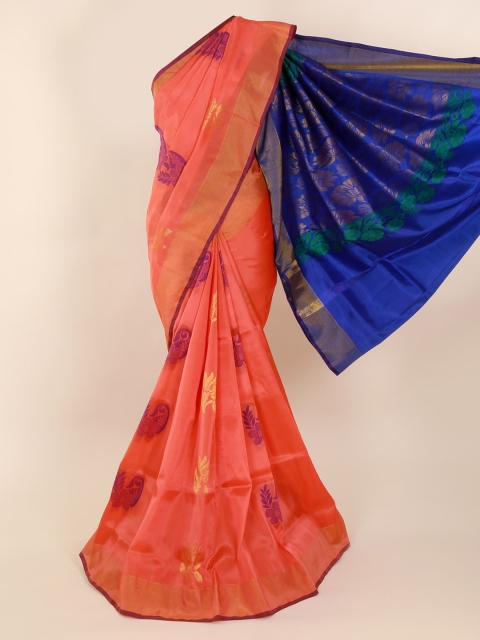 

Pothys Peach-Coloured & Blue Pure Silk Woven Design Saree