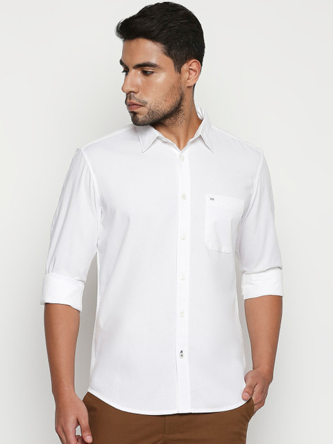 

Basics Men White Slim Fit Self Design Cotton Casual Shirt