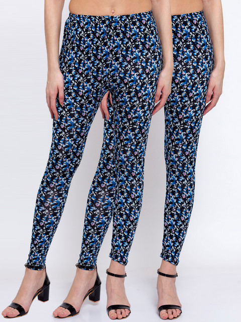

KLOTTHE Women Pack of 2 Blue & Black Printed Anlke Length Leggings