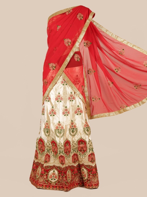 

Pothys Red & Cream-Coloured Poly Chiffon Embroidered Half Saree