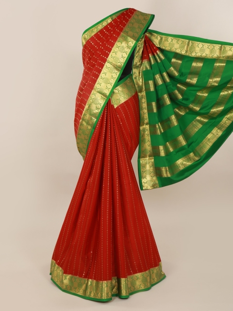 

Pothys Red & Green Pure Silk Striped Mysore Silk Saree