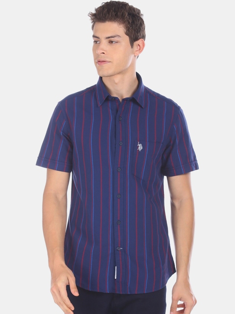 

U.S. Polo Assn. Men Navy Blue & Red Regular Fit Striped Cotton Casual Shirt