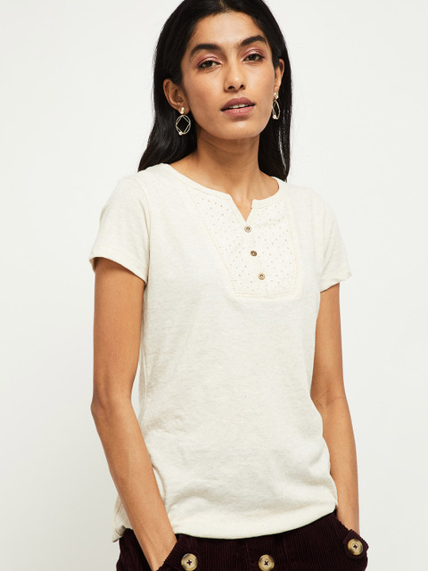 

max Women Off White Solid Henley Neck Tshirt