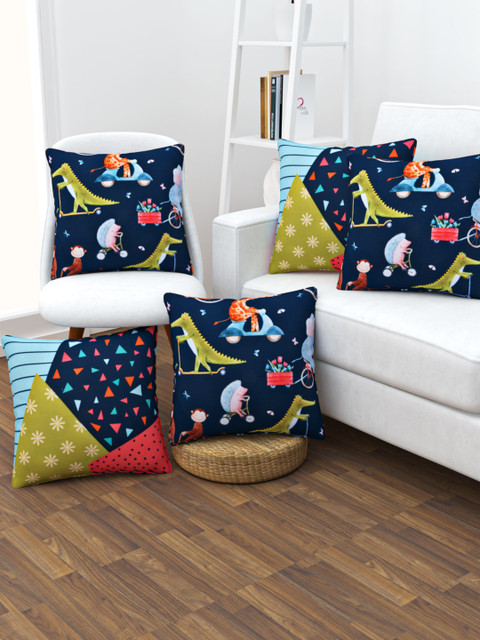 

SHIVANAA HOMES Navy Blue & Green Set of 5 Cartoon Characters Square Cushion Covers