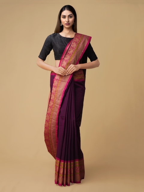 

Unnati Silks Purple Pure Cotton Solid Chettinad Handloom Saree