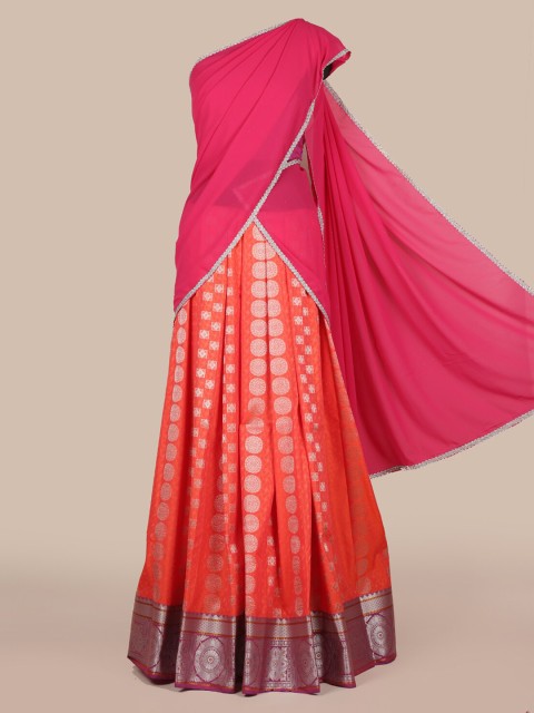 

Pothys Pink & Silver-Toned Poly Chiffon Woven Design Traditional Half Saree