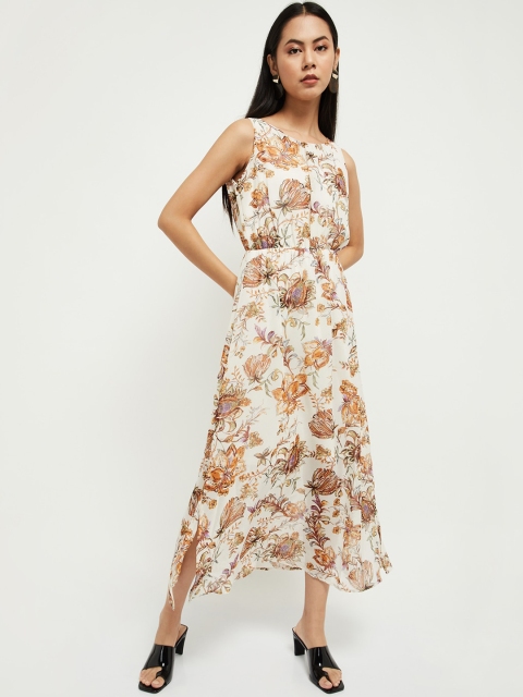 

max Women Cream Floral Printed Fit and Flare Midi Dress