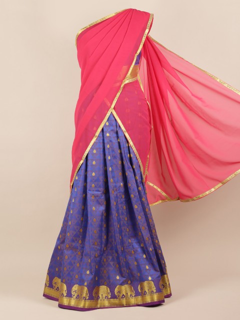 

Pothys Pink & Blue Poly Chiffon Woven Design Half Saree