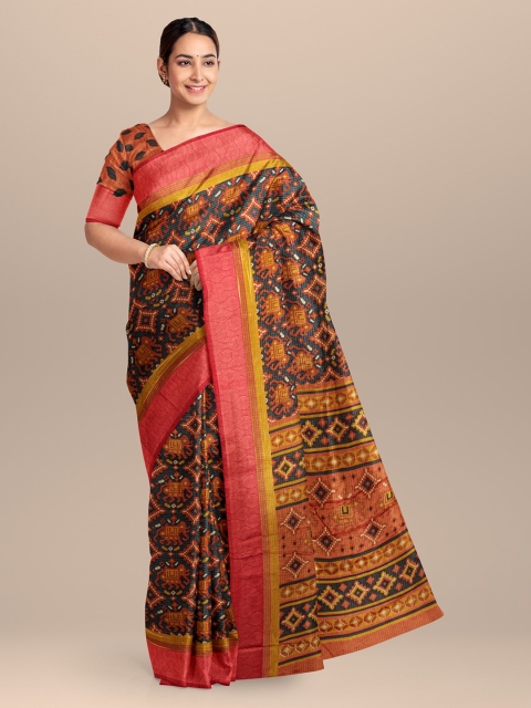 

KLM Fashion Mall Green & Red Silk Blend Printed Saree