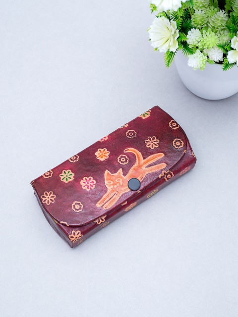 

Golden Peacock Burgundy & Orange Hand-Painted Leather Sunglasses Case