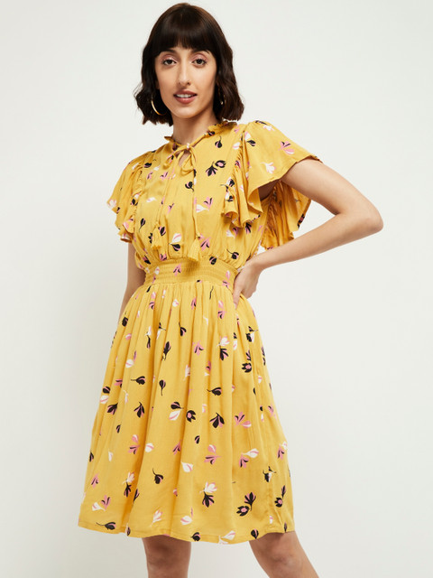 

max Women Yellow Printed Fit and Flare Dress