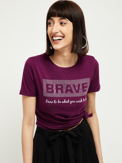 

max Women Purple Printed Round Neck T-shirt