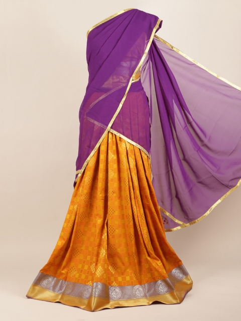 

Pothys Violet & Mustard Poly Chiffon Woven Design Traditional Half Saree