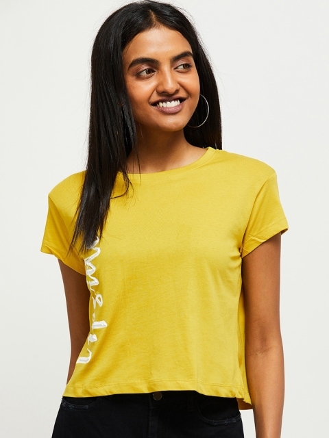 

max Women Yellow Printed Round Neck Cotton Pure Cotton T-shirt
