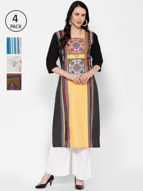 

7Threads Women Pack of 3 Printed Crepe Straight Kurtas, Yellow