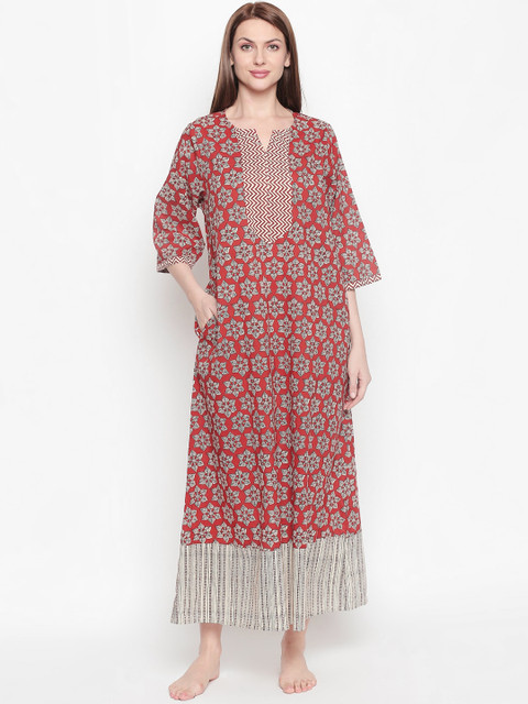 

RANGMANCH BY PANTALOONS Red & Grey Printed Nightdress