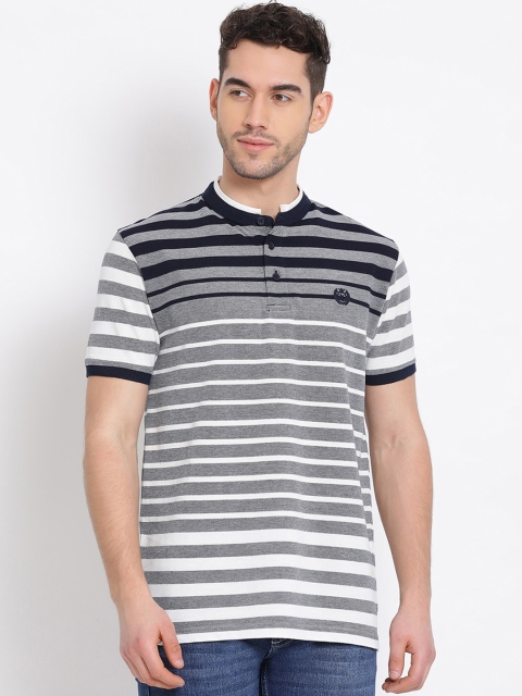 

COBB Men White & Navy Blue Striped Mandarin Collar T-shirt